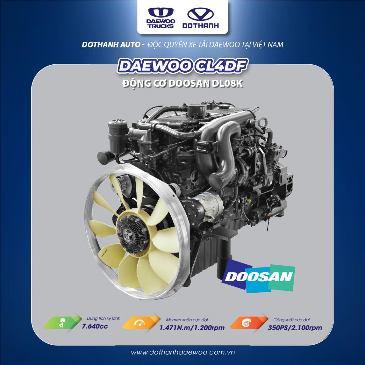 Động cơ Doosan Hàn Quốc trang bị trên xe ben Daewoo CL4DF